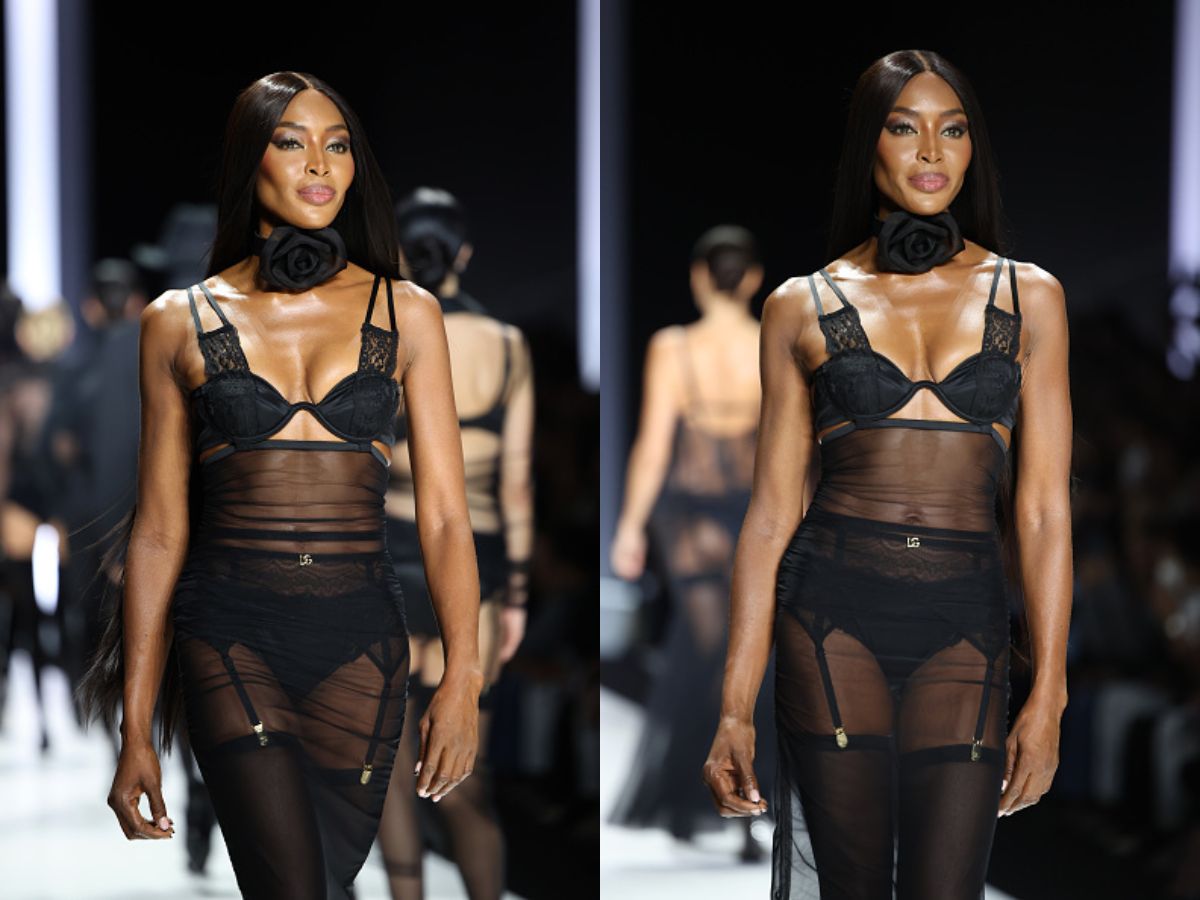 Naomi Campbell wears black lingerie on Dolce and Gabbana catwalk