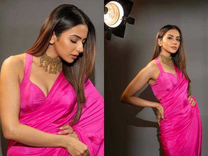 Rakul Preet Singh recently stunned the Internet with a pink saree. Check out her look.