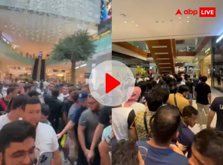 iphone 15 viral video huge crowd rushing in dubai mall apple store to buy iphone 15 VIDEO: दुबईचा मॉल म्हणावा की मुंबई लोकल? iPhone 15 च्या खरेदीसाठी मॉलमध्ये चेंगराचेंगरी