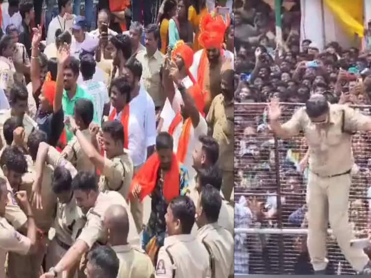 Telangana police staff dance at Ganesh Immersion goes viral Police Dance: గణేష్‌ నిమజ్జన ఊరేగింపులో అదిరే స్టెప్పులేసిన పోలీసులు, వీడియో వైరల్‌