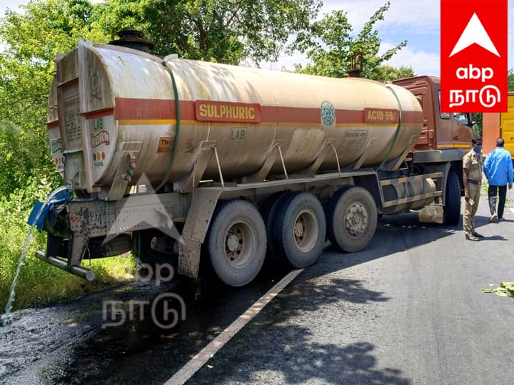 Villupuram A government bus collided with a lorry carrying acid near Tindivanam திண்டிவனம் அருகே ஆசிட் ஏற்றிச்சென்ற லாரி மீது மோதிய அரசுப் பேருந்து; சாலையில் வழிந்தோடிய 30 டன் ஆசிட்!