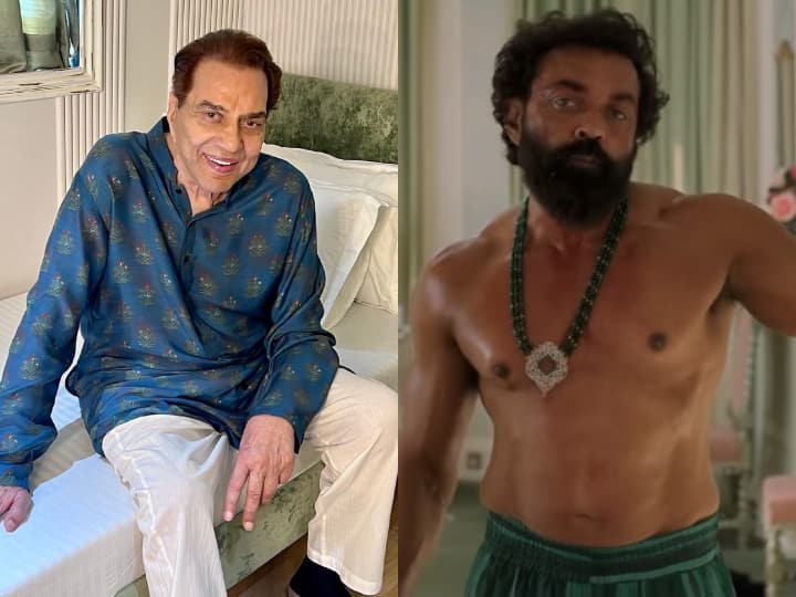 Dharmendra reacted on Bobby Deol shirtless body in Ranbir Kapoor Film Animal Teaser captioned my innocent son Animal के ट्रेलर में शर्टलेस दिखे Bobby Deol, बॉडी देख पापा Dharmendra ने किया रिएक्ट, कहा- 'मेरा मासूम बेटा...'