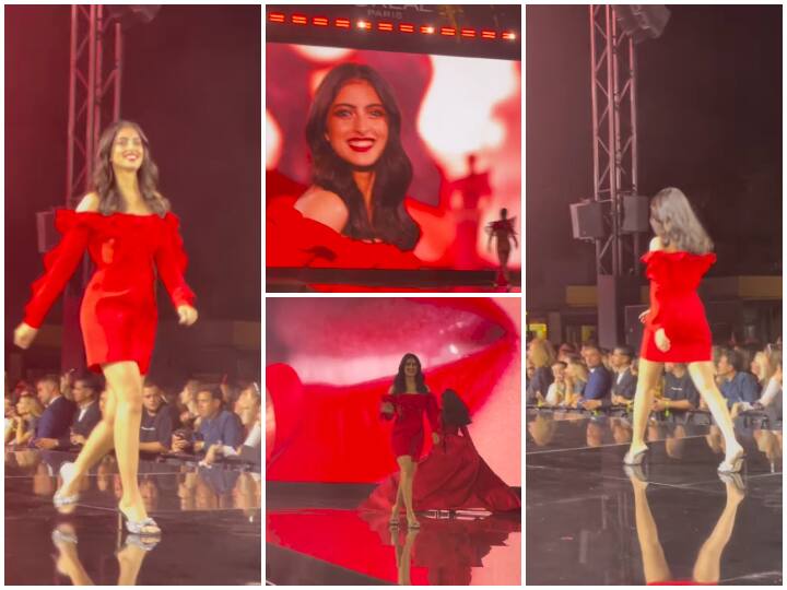 Navya Naveli Nanda Paris Fashion Week debut ramp walk in red off shoulder dress Shweta Bachchan shared video Navya Nanda ने किया Paris Fashion Week में रैम्प वॉक, रेड ऑफ शोल्डर ड्रेस में लगी खूबसूरत, देखें वीडियो