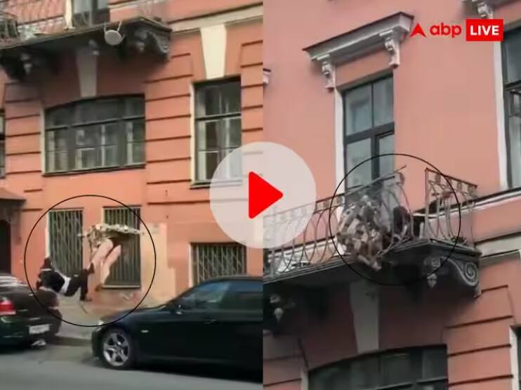Viral video russia couple fall off balcony on road after fighting VIDEO: बाल्कनीत उभे राहून भांडता-भांडता तोल गेला; जोडपे तिसऱ्या मजल्यावरुन कोसळून थेट रस्त्यावर, व्हिडीओ व्हायरल