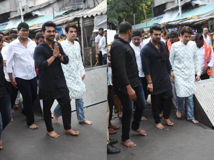 Ram Charan Photos: साउथ के सुपरस्टार राम चरण इन दिनों सुर्खियों में बने हुए हैं. वह आज बप्पा के दर्शन करने के लिए मुंबई के सिद्धिविनायक मंदिर गए थे.