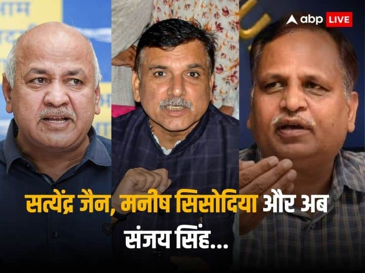 Sanjay Singh satyendar jain Manish Sisodia Three AAP Leader Arrested Since May 2022 Delhi Excise Policy Case Money Laundering पहले सत्येंद्र जैन, फिर मनीष सिसोदिया और अब संजय सिंह...16 महीने में 3 दिग्गजों की गिरफ्तारी को AAP ने बताई साजिश