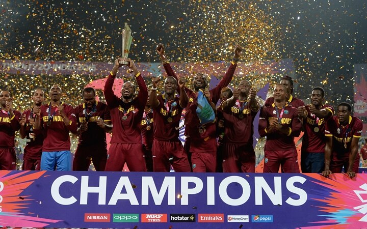 The West Indies lift the ICC World T20 trophy after winning the ICC World Twenty20 in 2016 (Getty)