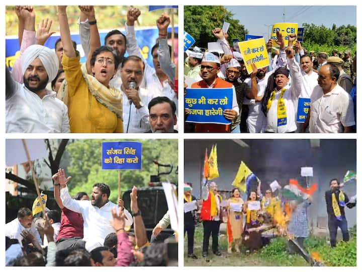 Just a day after the arrest of AAP MP Sanjay Singh in the Delhi Excise Policy case, party leaders and workers staged protests in various parts of the country.