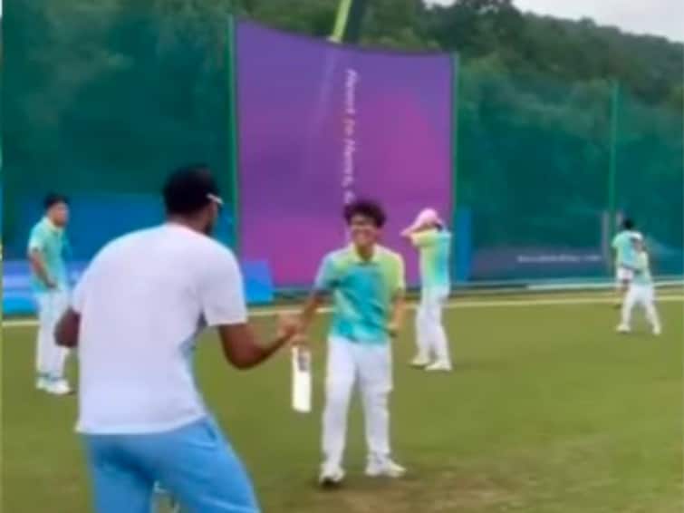 Indian Team Members Play Cricket With Local Kids Ahead Of Asian Games 2023 Semis watch Indian Team Members Play Cricket With Local Kids Ahead Of Asian Games Semis. WATCH