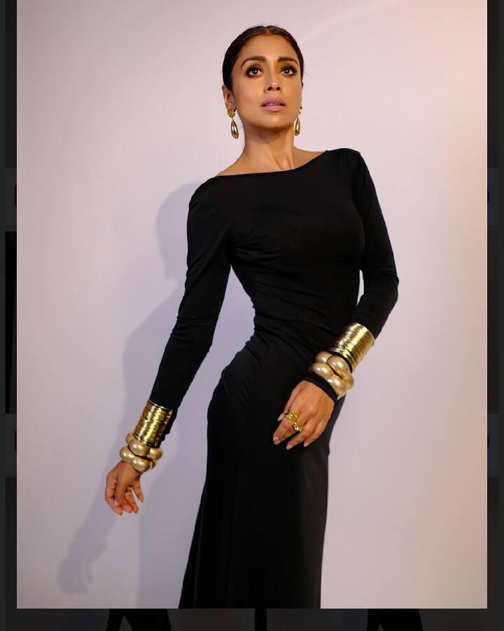Styled by Sukriti Grover, she opted for nude makeup but kept her eyes bold. (Image Source: Instagram/Shriya Saran)