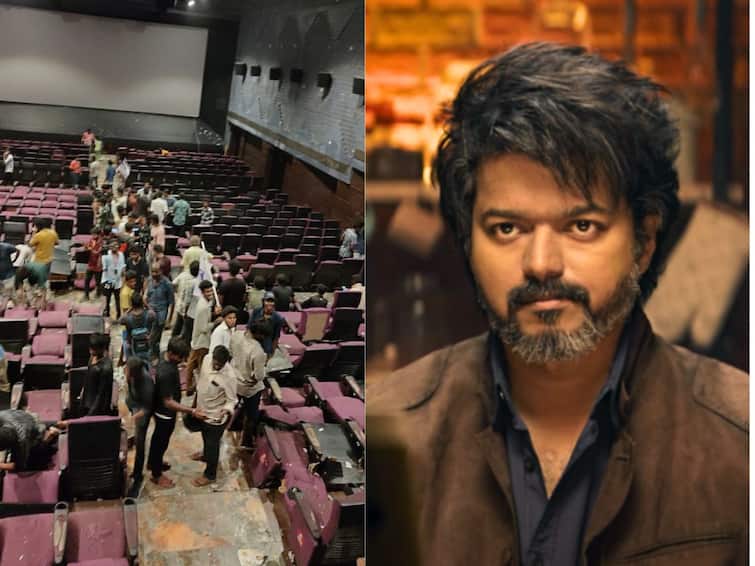 leo trailer out thalapathy vijay sanjay dutt movie  fans damage rohini theatres after  trailer  screening Leo Trailer:  थलापती विजयच्या ‘Leo’च्या ट्रेलर स्क्रिनिंग दरम्यान प्रेक्षकांनी थिएटरमधील खुर्च्यांची केली तोडफोड; चित्रपटगृहातील फोटो आणि व्हिडीओ व्हायरल
