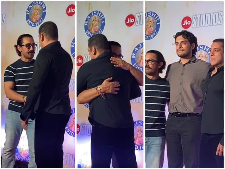 Aamir Khan hugged Salman Khan at the premiere of the film Dono Rajveer Singh Deol Paloma film Watch:  फिल्म ‘दोनों’ के प्रीमियर में  Aamir Khan ने Salman Khan को लगाया लगे, लोग बोले- 'अंदाज अपना-अपना' की दिला दी याद'
