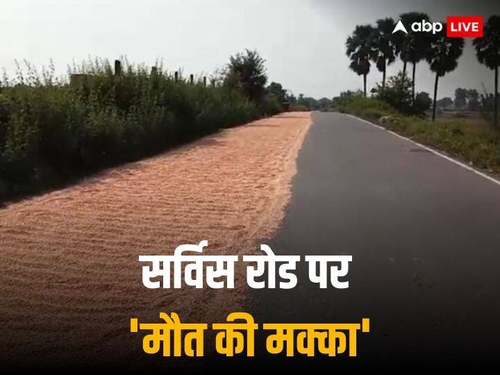 Unnao Lucknow Agra Expressway Farmers spread maize on the service road People Worried ANN UP News: लखनऊ-आगरा एक्सप्रेसवे पर सूख रही 'मौत की मक्का', किसानों ने सर्विस रोड पर किया कब्जा