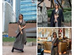 Karishma Tanna Oozes Elegance In A Black And White Saree On The Streets Of Busan