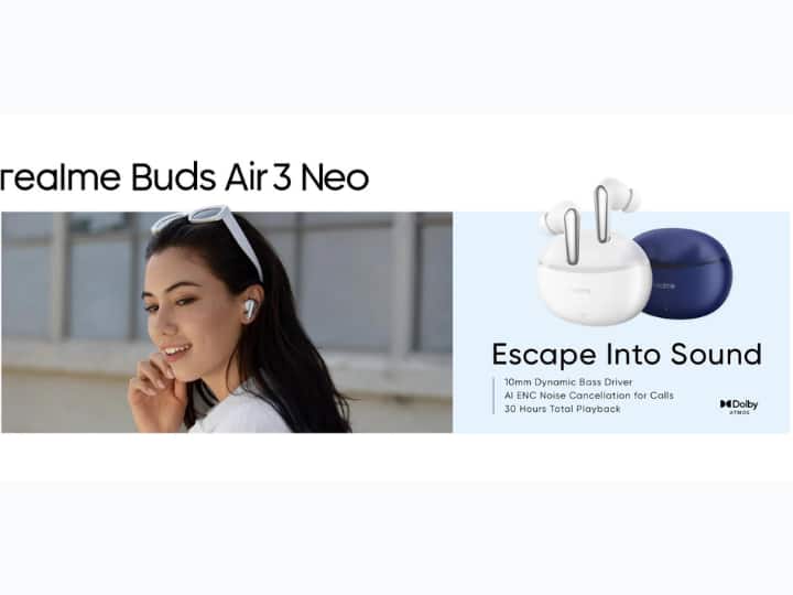 Realme Buds Air 3 Neo: ये ईयरबड्स 10mm डायनामिक बूस्ट ड्राइवर के साथ डॉल्बी एटमॉस को सपोर्ट और कॉल के लिए AI ENC नॉइज़ कैंसिलेशन के साथ आते हैं. एक बार चार्ज करने पर ये 30 घंटे का प्लेबैक टाइम ऑफर करते हैं. ये ईयरबड्स 10 मिनट के चार्ज में 120 मिनट का प्लैबैक टाइम ऑफर करते हैं.