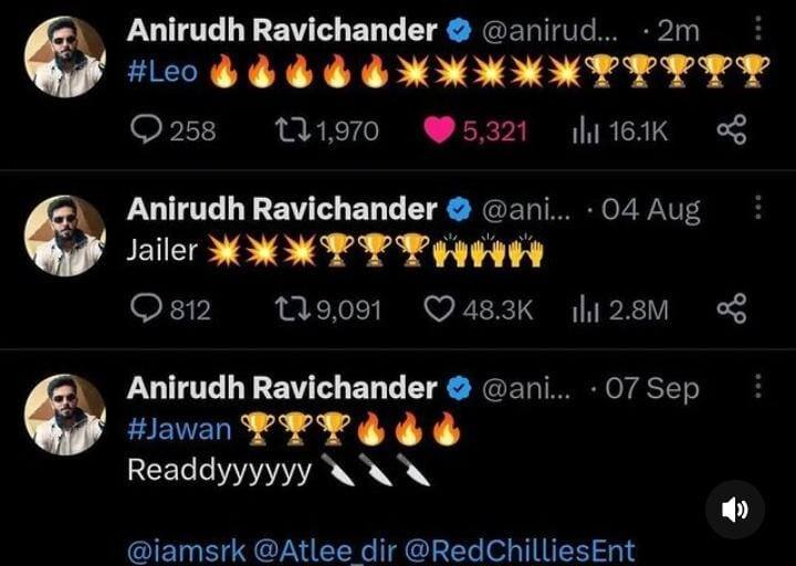 சமீப காலங்களில் வெளியான ஜெயிலர், ஜவான் ஆகிய படங்கள் வெளியாவதற்கு முன்பாக அனிருத், தான் இசையமைத்த படங்களை ப்ரோமோஷன் செய்வதற்காக ட்வீட் செய்து இருந்தார். அதற்கு ஏற்றவாரு அந்த படங்களும் செம ஹிட்டாகி கோடிக்கணக்கான வசூலை குவித்தது. தற்போது, லியோவிற்கும் இமோஜிகளை தெறிக்கவிட்டுள்ளார் அனி.