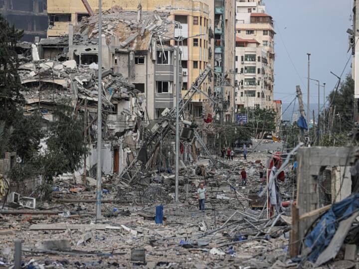 A view of destroyed buildings and debris at the al-Rimal neighborhood after Israeli airstrikes in Gaza Strip. (Image Source: Getty)