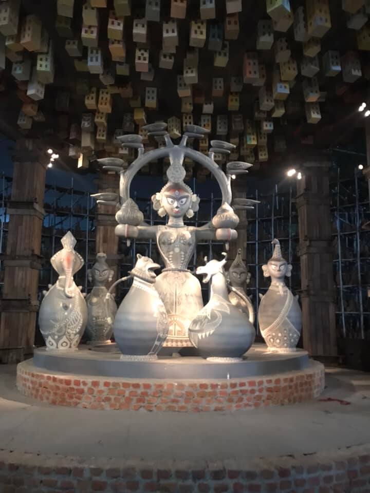 The grey and white idol that stands tall at the pandal of Dakhindari Youths. (Image Source: Facebook/ Tanish Debnath)
