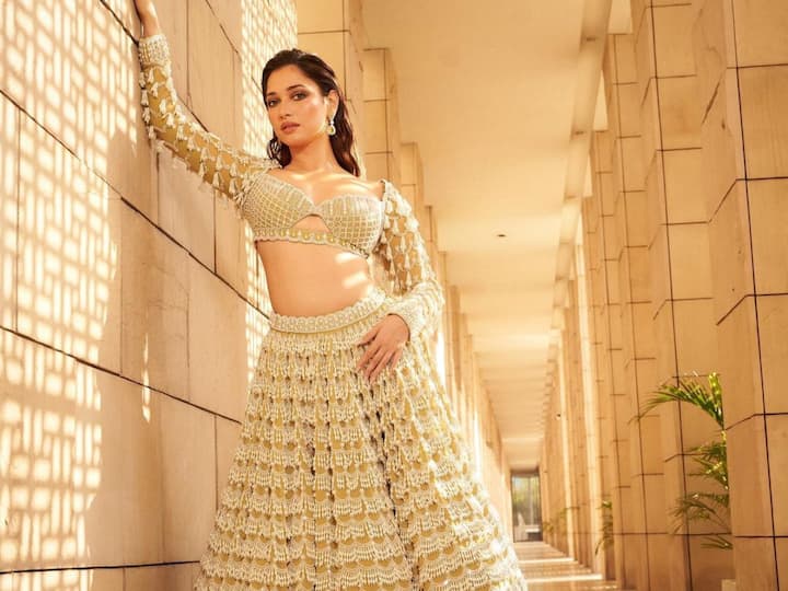 Tamannaah Bhatia treated fans with pictures in a beige mirror work lehenga looking dapper as ever