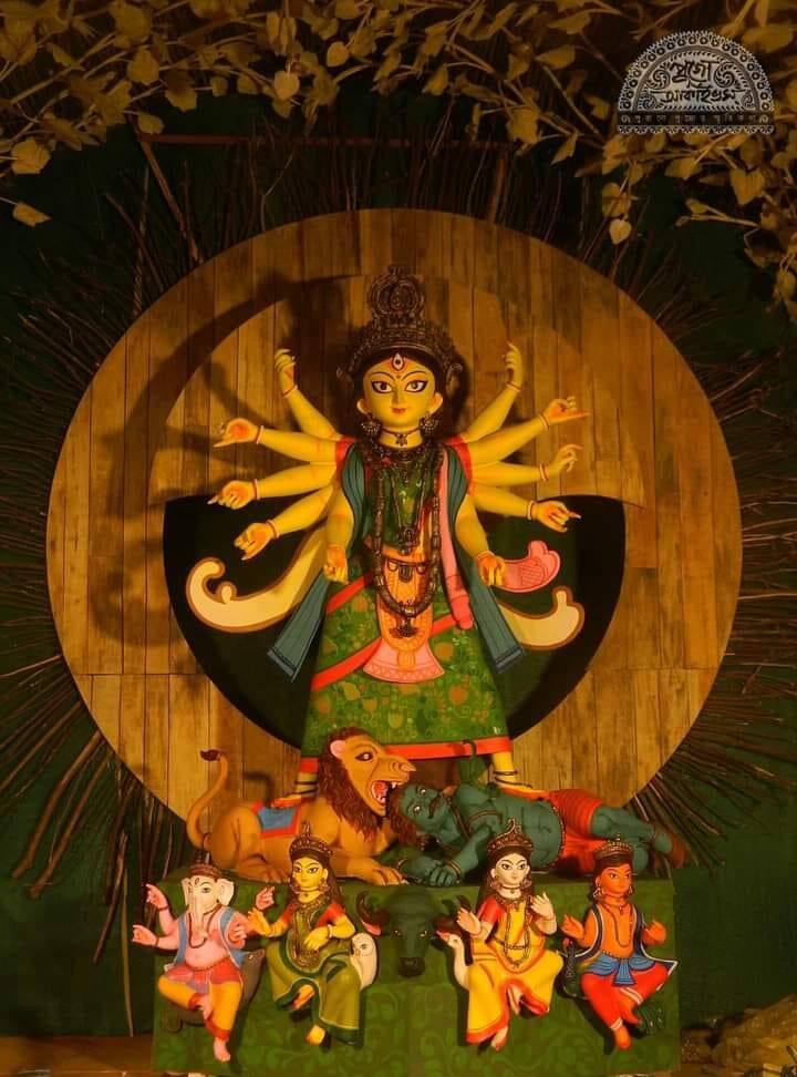 The beautiful Durga idol where the Goddess is clad in a green saree adorns the pandal at Hindustan Park. (Image Source: Facebook/Sohag Roy)
