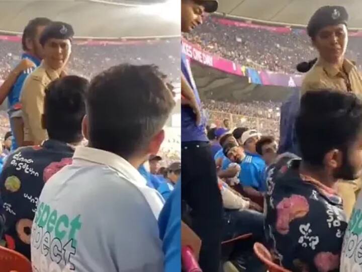 Watch Ugly fight breaks out between police & fan during IND vs PAK World Cup 2023 sports news Watch: भारत-पाकिस्तान मैच के दौरान स्टेडियम में पुलिस और फैन भिड़े, सोशल मीडिया पर वीडियो हुआ वायरल