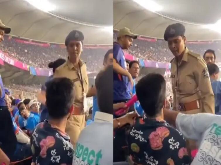 World Cup 2023: Visuals of violent fight between narendra modi stadium female police and spectator in Ahmedabad grab limelight World Cup 2023: இந்தியா பாகிஸ்தான் போட்டி... பெண் காவலருடன் வாக்குவாதத்தில் ஈடுபட்ட இளைஞர்! வீடியோ!