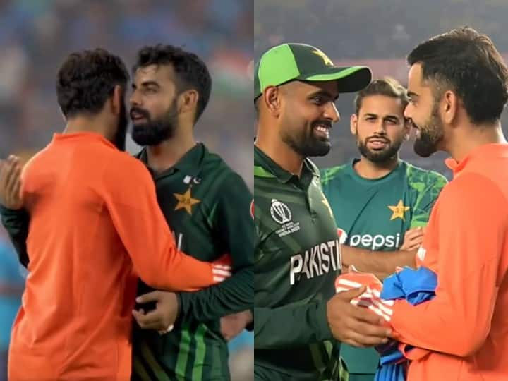 ind vs pak shadab khan asked to virat kohli for shirt jersey babar azam india vs pakistan ahmedabad world cup 2023 IND vs PAK: तो क्या शादाब खान के कहने पर कोहली ने गिफ्ट की थी अपनी जर्सी? वीडियो देख फैंस ने किया दावा