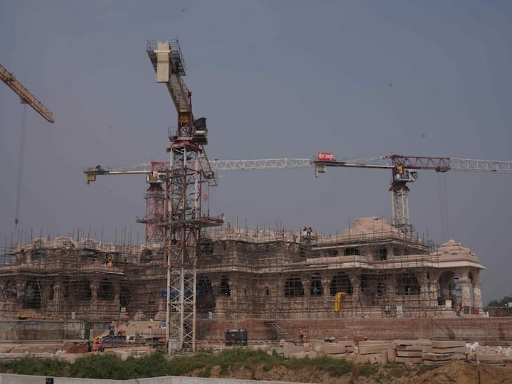 Large cranes were seen at the construction site on Monday. (Image Source: X/@ShriRamTeerth)