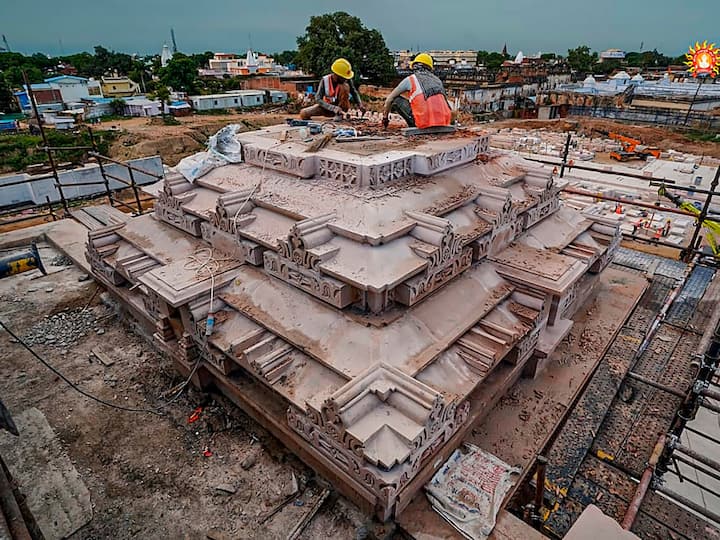 Labourers work on the first floor of the under-construction Ram Janmabhoomi Mandir, in Ayodhya. (Image Source: X/@ShriRamTeerth)