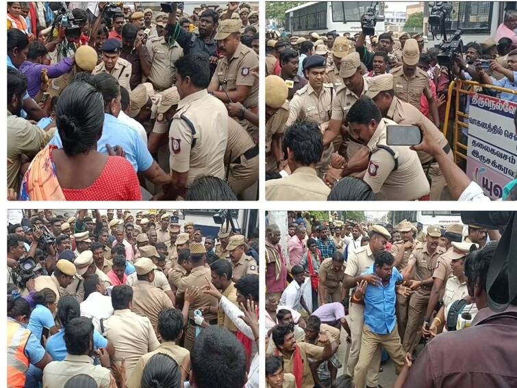 Nellai: The police arrested the sanitation workers protest them TNN நெல்லையில் போராட்டத்தில் ஈடுபட்ட தூய்மை பணியாளர்கள்; குண்டு கட்டாக தூக்கி கைது செய்த போலீஸ்