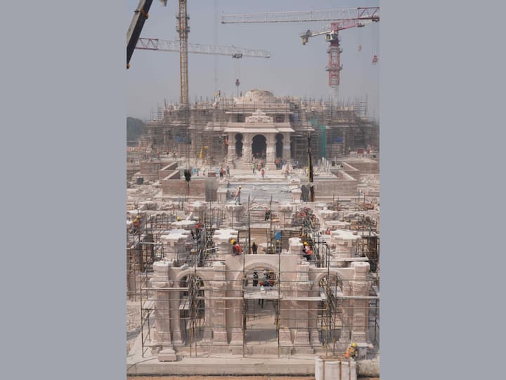 The front-view of the Ram Mandir with the construction appears to be in full swing. (Image Source: X/@ShriRamTeerth)