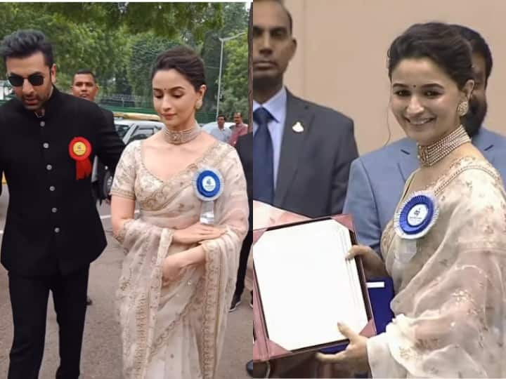 Alia Bhatt Photos: एक्ट्रेस आलिया भट्ट को फिल्म 'गंगूबाई काठियावाड़ी' में बेहतरीन परफॉर्मेंस देने के लिए राष्ट्रीय पुरस्कार से सम्मानित किया गया है. इस दौरान एक्ट्रेस अपनी शादी की साड़ी पहने नजर आईं.