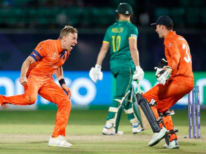 ODI World Cup 2023 SA vs NED match highlights Netherlands defeat South Africa by 38 runs in thriller Dharamsala SA vs NED: 2023 वर्ल्ड कप का दूसरा उलटफेर, नीदरलैंड्स ने दक्षिण अफ्रीका को रौंदा, स्कॉट एडवर्ड्स के बाद गेंदबाजों ने किया कमाल