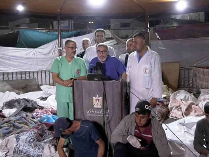 Screen grab captured from a video shows the doctors of the al-Shifa Hospital making a press statement among the corpses after the injured and dead are brought there following the Israeli attack on Gaza's Al-Ahli Baptist Hospital, in Gaza City. (Photo: Getty)