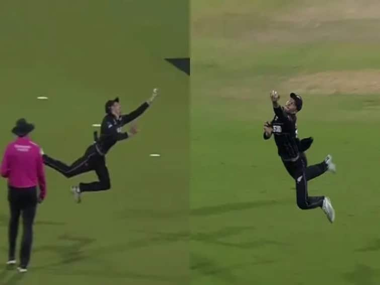 Mitchell Santner's jaw-dropping flying screamer at square leg during NZ vs AFG clash watch video Watch Video:  அந்தரத்தில் பறந்து ஒற்றைக் கையில் கேட்ச் பிடித்த சான்ட்னர் - நீங்களே பாருங்க!