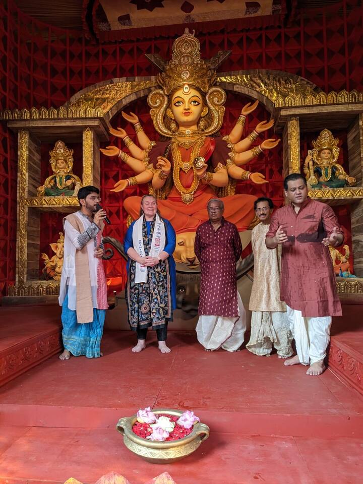 “It is a rare and happy opportunity for us to have the Hon’ble US Consul General, Ms Melinda Pavek  in our pandal. Our theme for this year is Avinashwar and designed with utmost care by Mr Nabakumar Pal and the theme - maker Mr Debojyoti Jana”, said Mr Shamik Kumar Saha, General Secretary, Ahiritola Sarbojonin Durgotsav Samity. (Image Source: Utsa Ganguly)