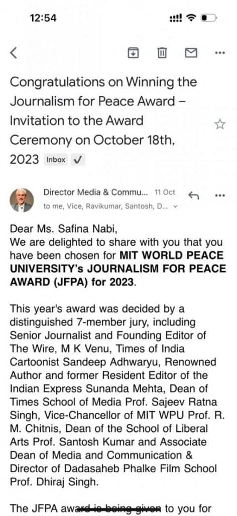 Safina Nabi MIT Award : काश्मिरी पत्रकार सफिना नबी यांना MIT कॉलेजने जाहीर केलेला पुरस्कार राजकीय दबावापोटी रद्द