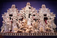 A Glimpse Of 32 feet Durga Idol With Ten Globes In Her Hands Symbolizing 'Vasudhaiva Kutumbakam'