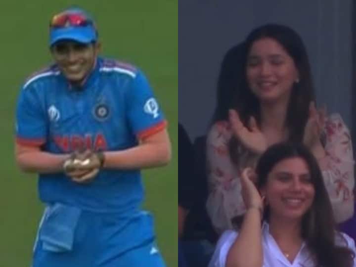 IND vs BAN ODI World Cup 2023 Sara Tendulkar's reaction on Shubman Gill catch watch here Pune India vs Bangladesh Watch: शुभमन गिल ने लपका कैच तो खुशी से झूम उठीं सारा तेंदुलकर, खूब वायरल हो रहा दिलचस्प रिएक्शन