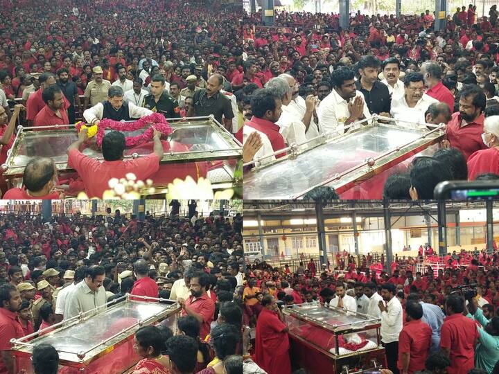 Bangaru Adigal Last Rites : இறுதி சடங்கு தொடங்குவதற்கு முன்பு, அரசியல் மற்றும் சினிமா பிரபலங்கள் மேல்மருவத்தூருக்கு சென்று பங்காரு அடிகளாருக்கு அஞ்சலி செலுத்தினர்.