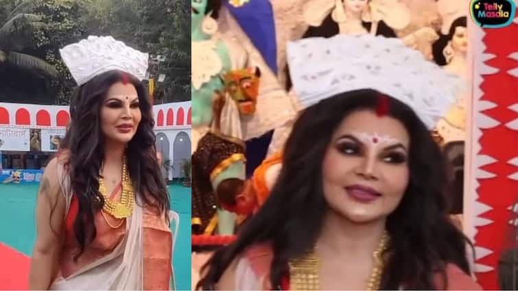 Rakhi Sawant: Actress Rakhi Sawant Went to Kumar Shanus Durga Puja in Bengali Look Rakhi Sawant: কুমার শানুর পুজোয় দুর্গার বেশে রাখী সবন্ত, করলেন ধুনুচি নাচও
