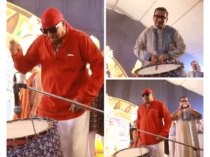 Renowned percussionist Shivamani was seen playing the 'Dhak' in a pandal in Lokhandwala accompanied by singer Abhijeet Bhattacharya.