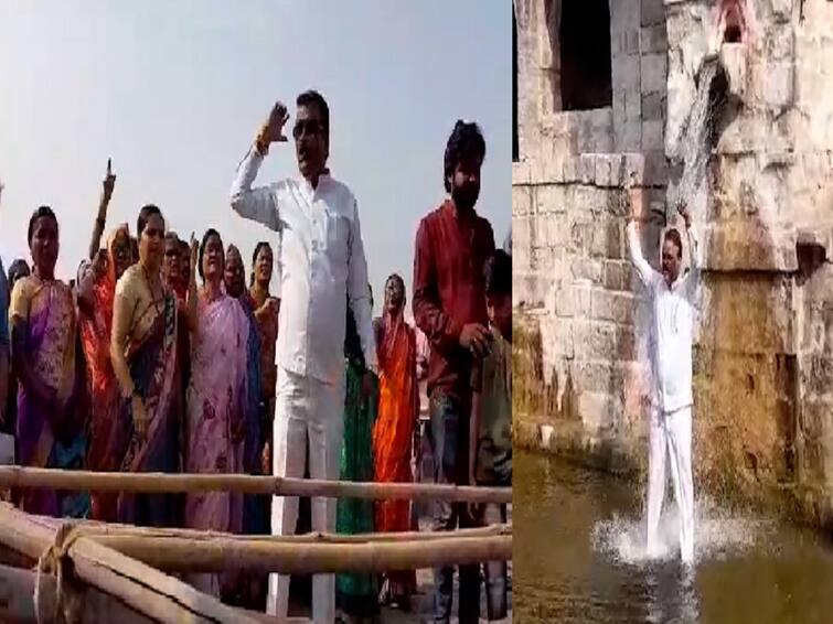 demand for roll back archeological department ban on holy bath in Lonar lake buldhana Shiv sena Thackeray faction and other Maharashtra Buldhana : लोणार सरोवराकाठी भाविकांना स्नान पुन्हा सुरू करण्याची मागणी; पुरातत्व विभागाची बंदी मोडून आंदोलकांनी केलं स्नान