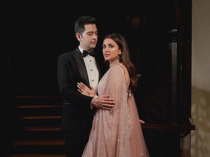 Manish Malhotra treated fans with a Rosette Blush Manisha Malhotra saree for her cocktail party post the grand wedding ; See Parineeti Chopra and Raghav Chadha pics