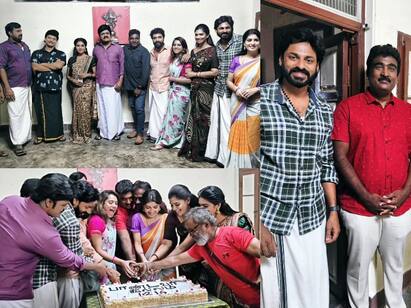 Pandavar illam last day shoot cake cutting celebration Pandavar Illam: 1216 எபிசோடுகள் ஓடி முடிந்த  பாண்டவர் இல்லம்.. கண்ணீர்மல்க விடைபெற்ற சீரியல் குடும்பம்!