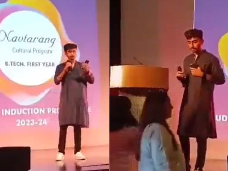 Watch Video College student Ghaziabad says 'Jai Shri Ram' on stage, asked to leave కాలేజ్‌లో స్టేజ్‌పై జై శ్రీరామ్ నినాదాలు, స్టూడెంట్స్‌కి వార్నింగ్ ఇచ్చిన లెక్చరర్
