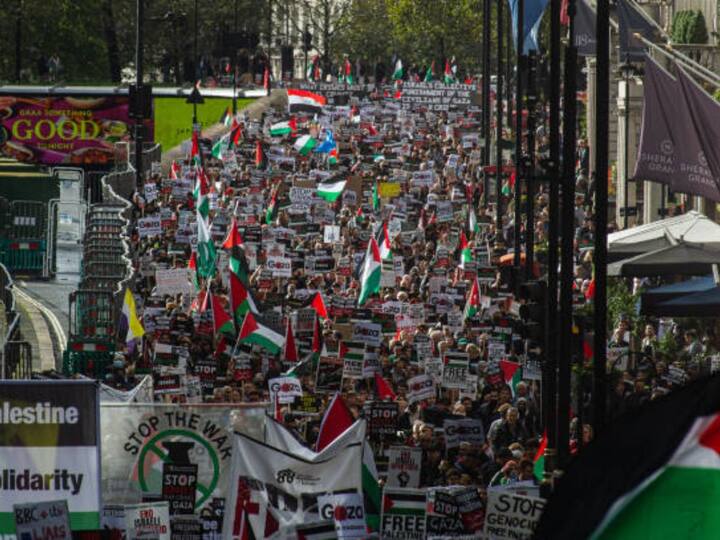 Pro Palestine demonstrators march down Piccadilly on October 21, 2023 in London, England. The ongoing Israel-Hamas war has sparked a wave of pro-Palestinian demonstrations worldwide. Israel has heavily bombed the Gaza Strip and threatened a ground invasion. (Image Credit: Getty Images)