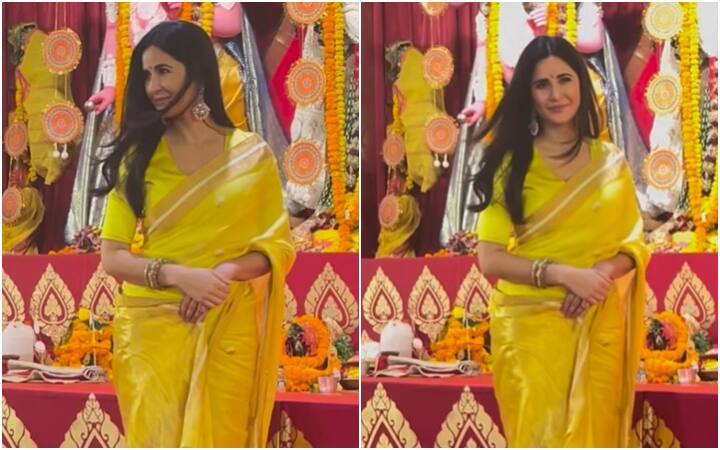 Durga puja 2023 Katrina kaif joins rani mukheji at durga puja pandal in yellow saree Durga puja 2023: पीली साड़ी में मां दुर्गा का आशीर्वाद लेने पहुंचीं Katrina Kaif, लोग बोले- 'ये दुनिया की सबसे खूबसूरत लड़की है...'