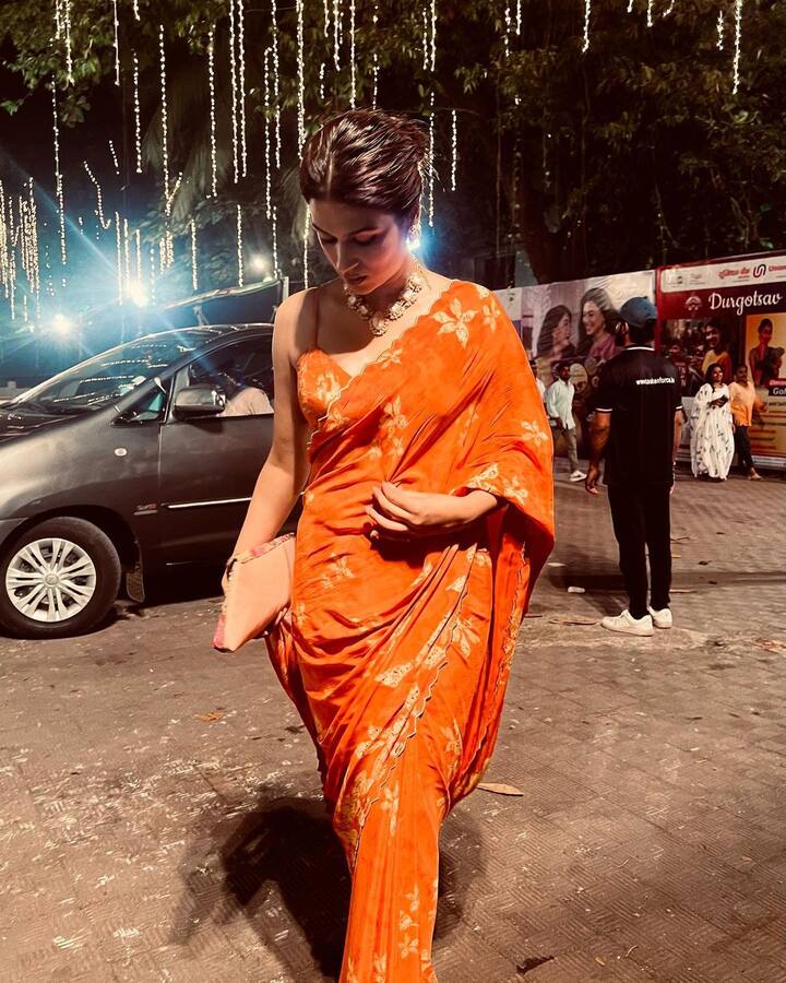 ઓરેન્જ કલરની સાડીમાં શ્રદ્ધા દાસે ખૂબ જ ગ્લેમરસ પોઝ આપ્યા છે.
