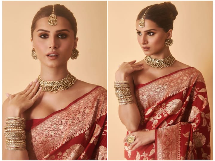 Tara Sutaria shared a series of pictures featuring her traditional look in a red banarasi saree.